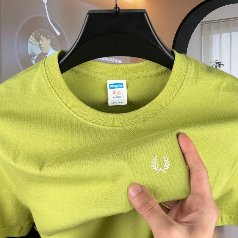 100% reine Baumwolle, hochwertiges Marken-Herren-T-Shirt mit Rundhalsausschnitt und kurzen Ärmeln, Sommermode, luxuriöses Weizen-Stickerei-Design, lässiges T-Shirt