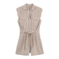 Eleganter gestreifter Damen-Shorts-Jumpsuit für den Sommer, ärmelloser, einreihiger Streetwear-Romper mit Gürtel