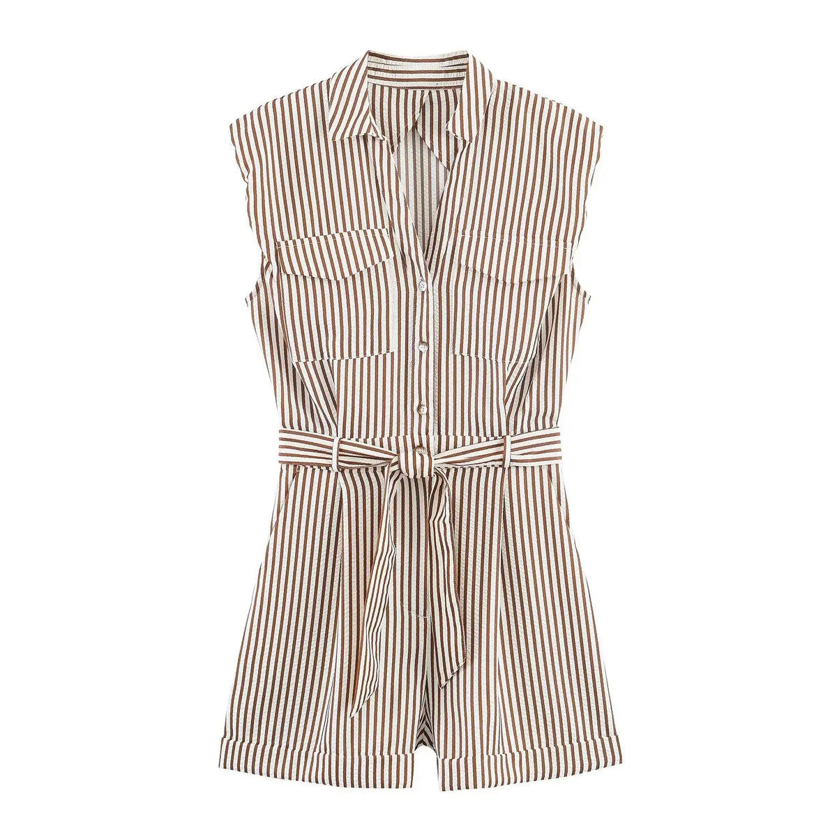 Eleganter gestreifter Damen-Shorts-Jumpsuit für den Sommer, ärmelloser, einreihiger Streetwear-Romper mit Gürtel
