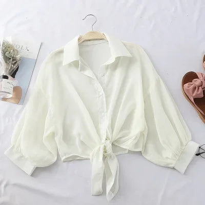 Chiffon-Hemden für Damen, 2022, Sommer, halbe Ärmel, geknöpftes Hemd, lockere lässige Bluse, Krawatte, Taille, elegante Blusen für Damen
