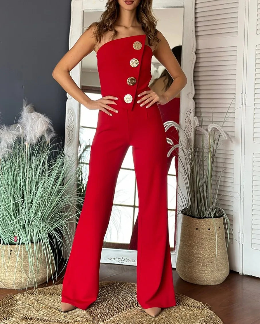 Damen Schulterfreier Asymmetrischer Jumpsuit mit Metallknöpfen und Weitem Bein Elegantes Party-Einteiler-Outfit