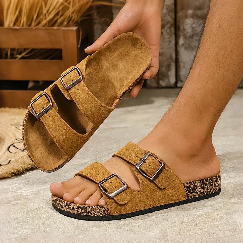 Herren-Slipper mit Korkmuster, verstellbarer Schnalle und PU-Obermaterial, flacher Sohle und Doppelriemen für Strand und Outdoor-Nutzung im Frühling, Sommer und Herbst