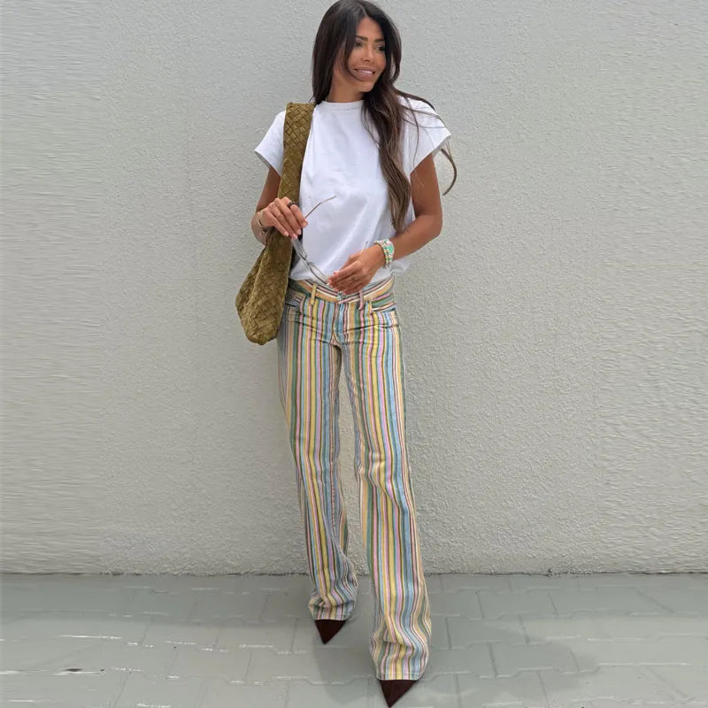 HXAO Gestreifte Damenjeans, Low-Landing Baggy Jeans, Weites Bein, Gerade Denim-Hose, Lässige Streetwear, Low-Rise Hose
