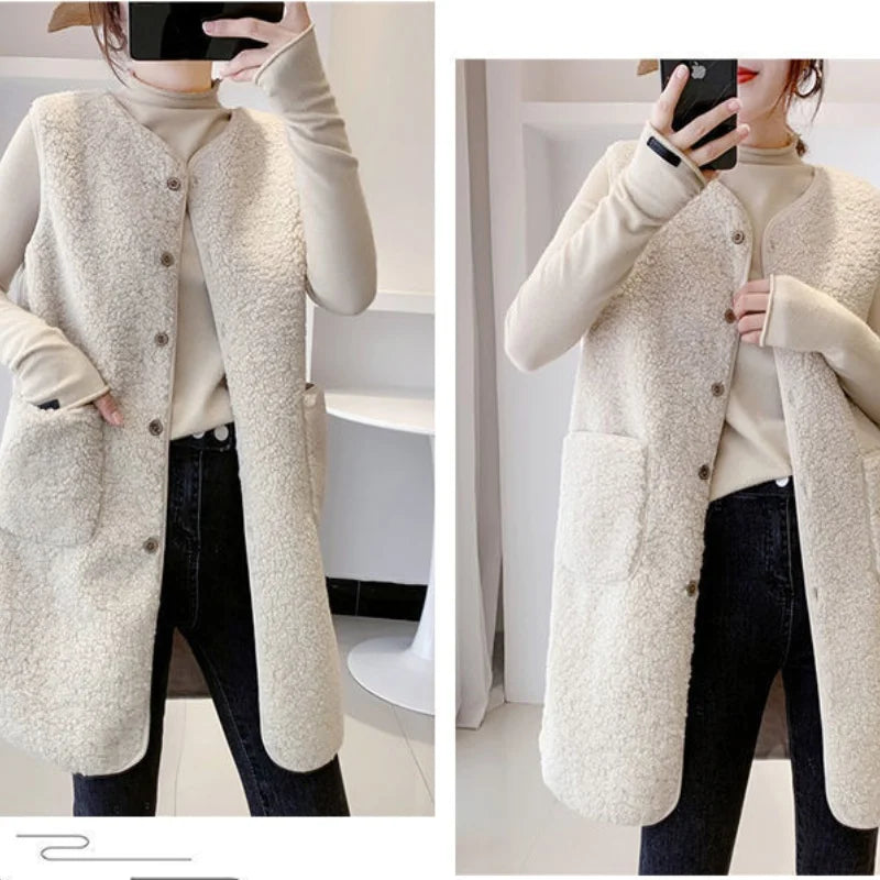 Frauen Herbst Winter Faux Lamm Pelz Weste Reine Weiche Taschen Taste Mid-länge Stil Weste Lose Beiläufige Fleece Strickjacke tücher