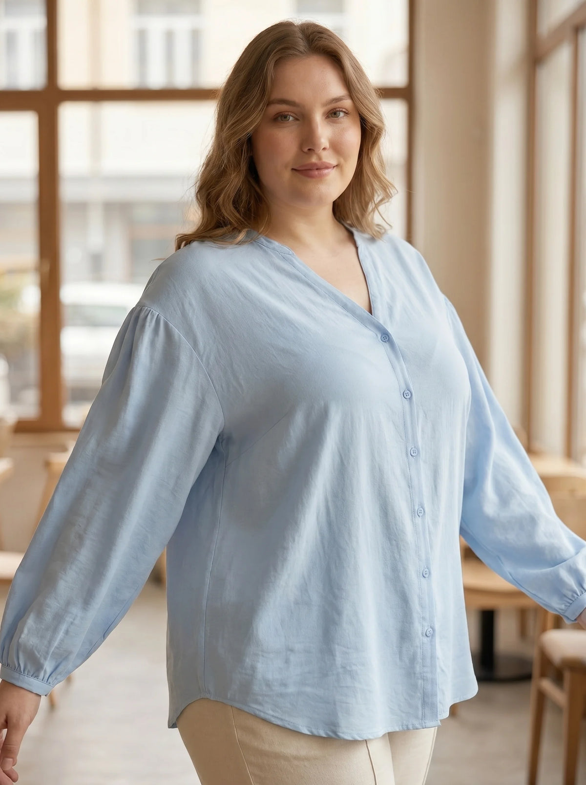 Rosa fera Plus Size Damen-Freizeitbluse mit V-Ausschnitt, langen Puffärmeln und lockerem Knopfverschluss