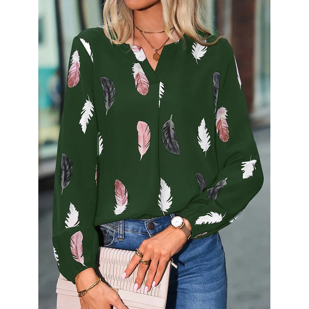 Mode Frau Bluse Shirts Für Frauen Stilvolle Top langarm Feder Muster Weibliche Tops Elegante Chiffon Mujer Frau Kleidung