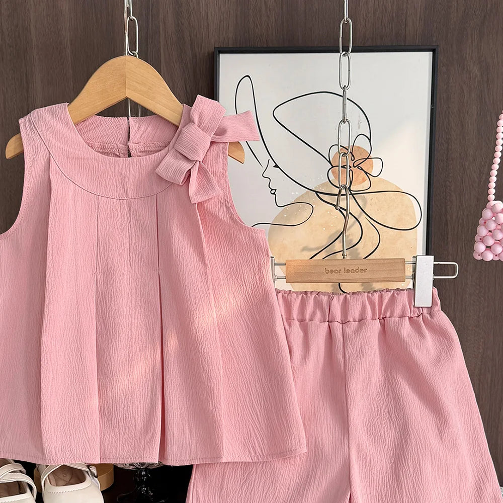 Bär Führer Süße Rosa Mädchen Kleidung Sommer Ärmellose Bogen Dekoration Plissee Weste + Shorts 2 Stück Olid Farbe Casual kinder Set
