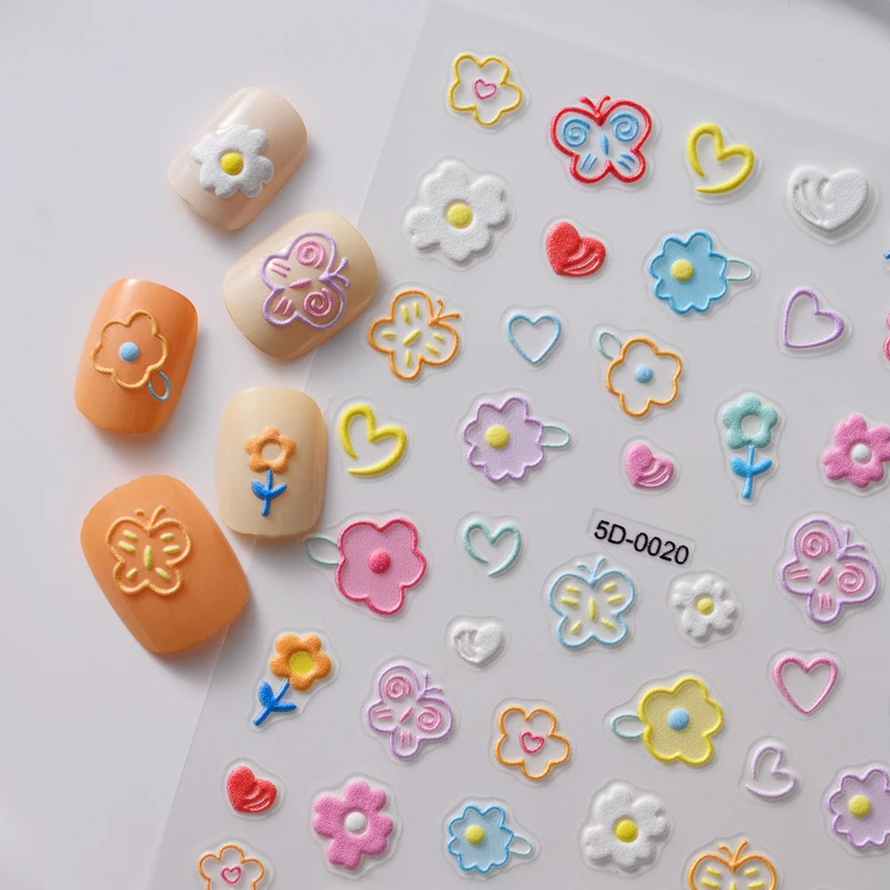 1Pc 5D Geprägte Kawaii Floral Schmetterling Nagel Aufkleber 3D Cartoon Bogen Kaninchen Erdbeere Klebe Aufkleber Urlaub Nagel Sliders