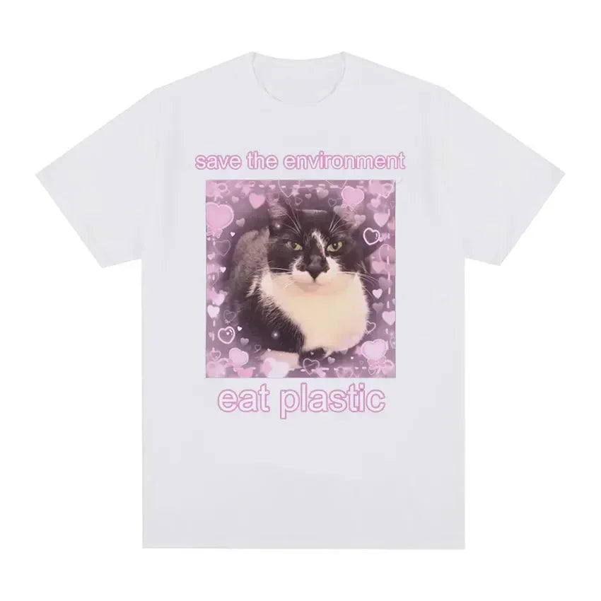 T-shirt Lustige Frauen Oansatz Kleidung T-shirts T-shirt Die Umwelt Essen Kunststoff Nette Katze Grafik Sommer Kurzarm Harajuku