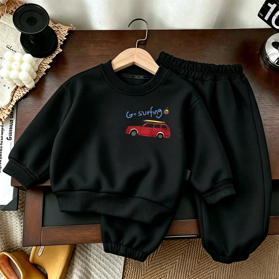 Herbst-Kostüm Langarm-Outfits für Kinder Rundhals-Sweatshirts Einfarbige Hosen 2-teilig Kleinkind Neuer Bedruckter Hoodie mit Hose