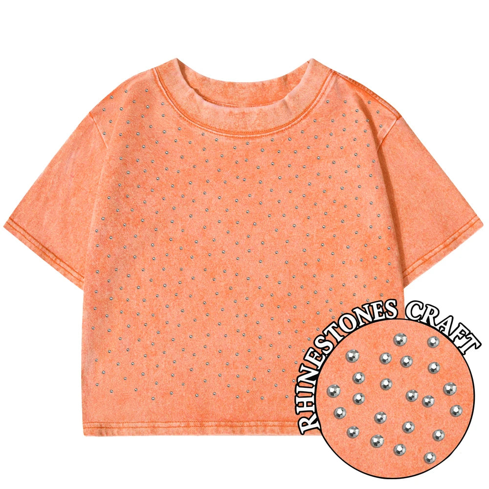 Einfarbiges Slim-Fit T-Shirt für Damen, Modisches Weiches Baumwoll-Shirt mit Strass-Verzierung, Kurzarm, Coole Kleidung für Frauen