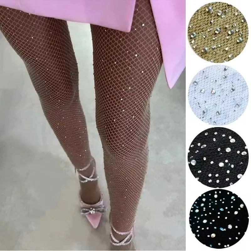 2024 sommer Fishnet Diamant Strumpfhosen für Frauen Sexy Mode Shiny Net Strumpfhosen Weibliche Dünne Strass Mesh Nylon Strümpfe Strumpfhosen