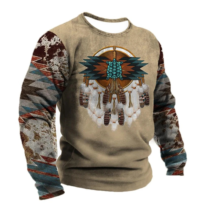 Vintage Ethnic Style Graphic Sweatshirts Spring Autumn Fashion Casual Long Sleeve 3D Printed Tops Loose Streetwear Mens Clothing