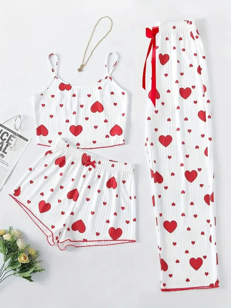 Frauen Nachtwäsche Herbst Winter Pyjamas Sets Herz Druck Ärmellose Cami Weste mit Lange Hosen Hosen Set Sexy Dessous Pyjamas