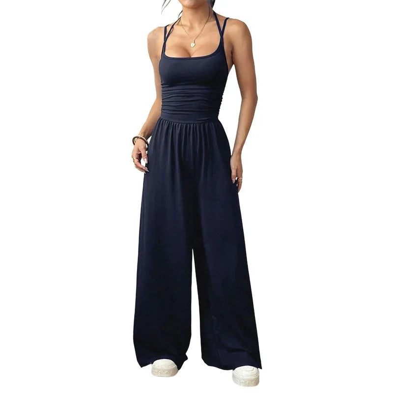 Damen Sommer Schwarz Lässiger Plissierter Lockerer Gerader Jumpsuit Ärmellos Hohe Taille Rückenfreier Overall Einfacher Trägeroverall