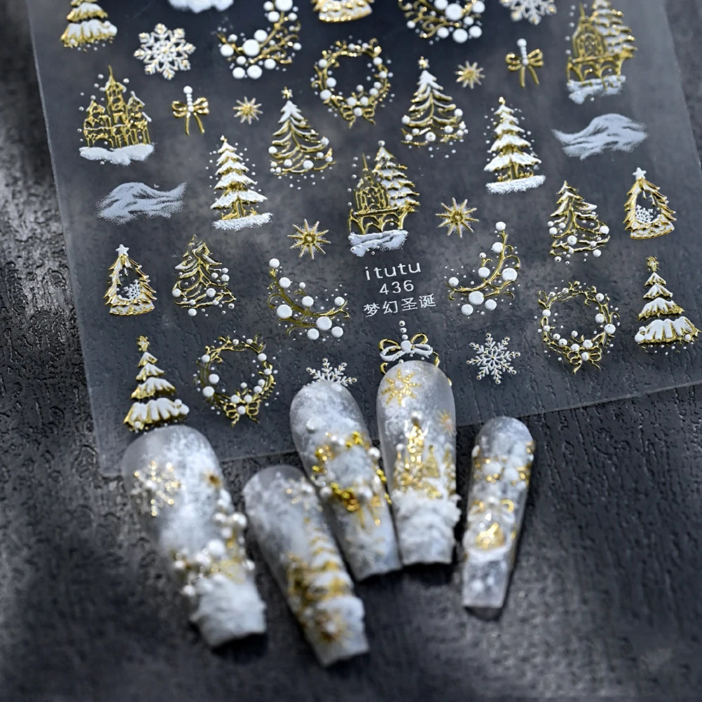 1 Stück 5D Dazzling Christmas Nail Art Aufkleber Gold/Rosa/Blau/Lila Weihnachtsbaum Schneekranz Nagelaufkleber Charmante Weihnachten Nageldeko
