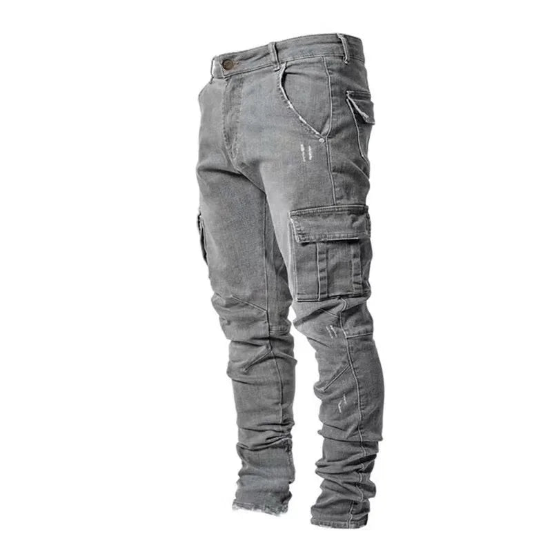 Stilvolle Flut Marke Männer Cargo Schmale Bein Denim Hosen Elastische Slim Fit Jeans Einfarbig Multi Taschen Beiläufige Dünne Männliche Hosen