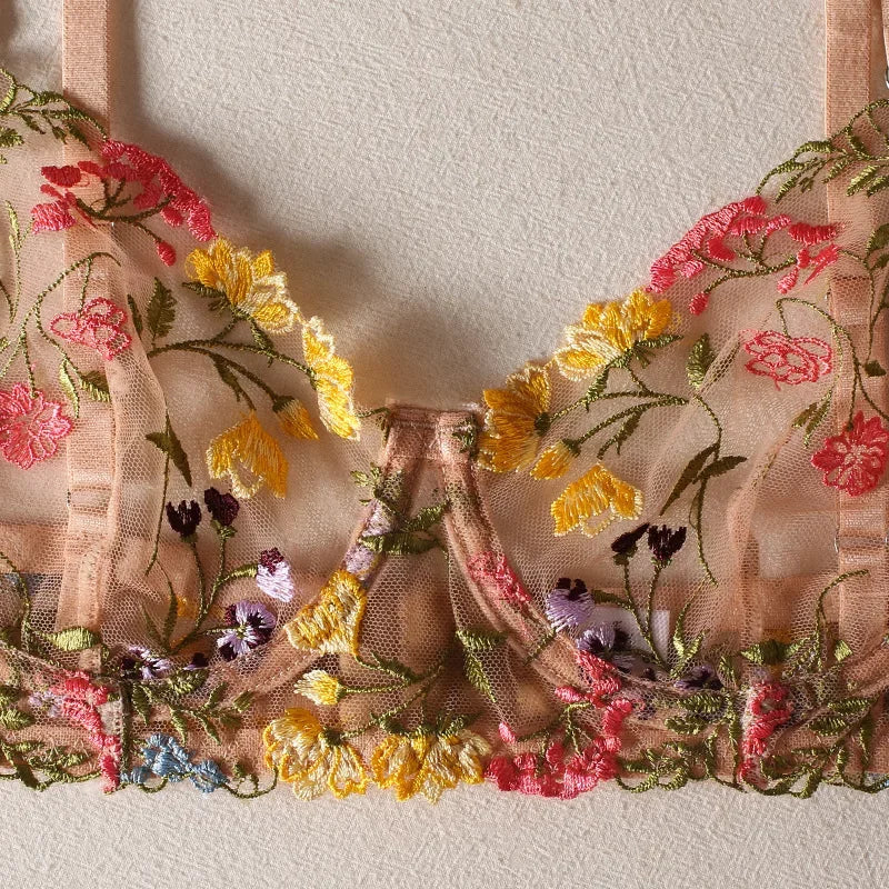 Blumenstickerei-Dessous-Set für Damen, durchsichtig, 2-teilig, Boho-BH + Höschen, Unterwäsche-Set, Dessous