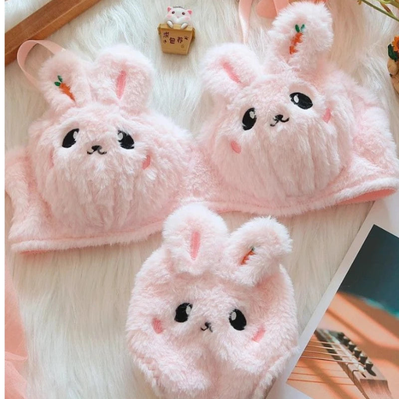 Niedliches Plüsch-Dessous-Set für Damen, japanisch, niedlich, ohne Stahlring, Push-up-BH-Set, bequeme und warme Unterwäsche, Höschen, Anzug für Damen