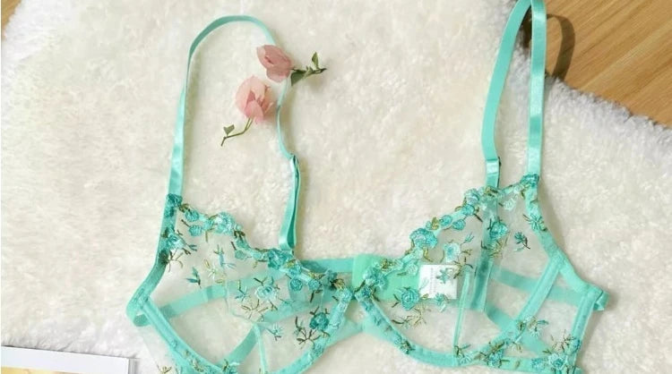 Tägliches französisches Spitzen-BH-Set, durchsichtiges Mesh-Bügel, große Brustunterstützung, Blumenstickerei, Komfortkleidung, sexy MOYISU-Höschen, bezauberndes Set