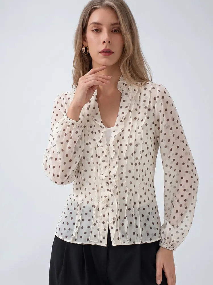 HH Damen Romantische V-Ausschnitt Polka Dot Bluse mit Puffärmeln, lässige einreihige elegante Party-Oberteile, Sommer Strand Urlaub Hemd