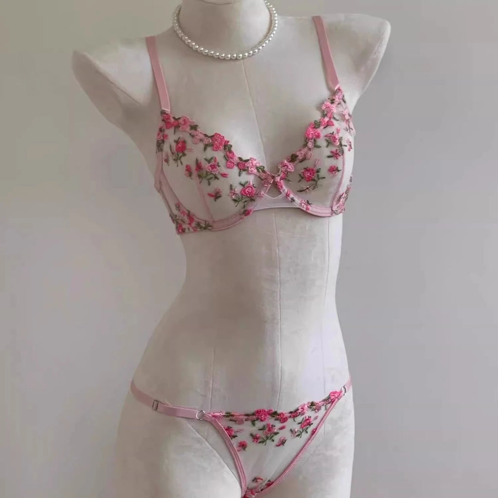 Kawaii japanisches Dessous-Set aus transparentem Tüll, rosa Blumenstickerei-BH, Bralette, reines passendes Set, BANERDANNI Tushy-BHs