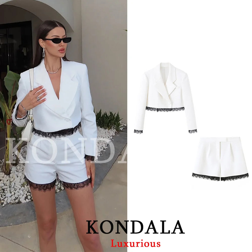 KONDALA Büro-Damen Casual Blazer-Anzug mit Spitzen-Patchwork Kurzer Blazer Weite Shorts Mode 2026 Sommer Frühling Eleganter Anzug