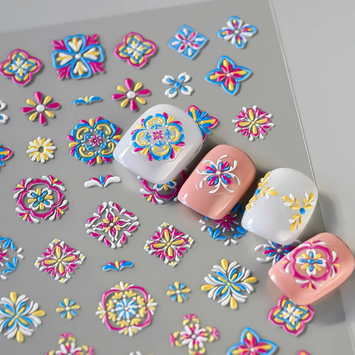 1 Stück Bohemian Painted Stickerei Nagelaufkleber 5D Retro Ethno Einzigartiges Muster Selbstklebender Blumenaufkleber Mexikanischer Nail Art Aufkleber