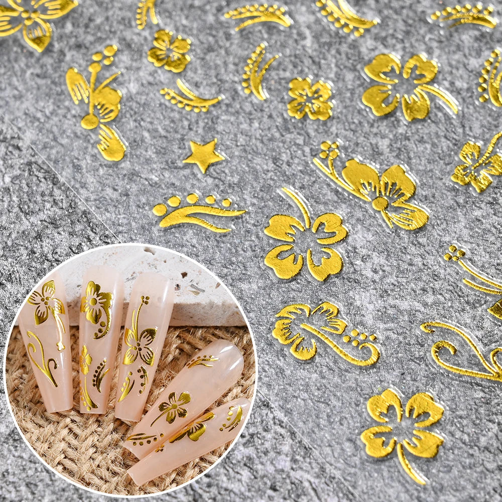 1 Stück 3D weiße Hibiskusblüten-Nagelkunst-Aufkleber, 8 Farben, hohle Blütenblätter, Blumen-Nagelaufkleber, exquisiter Gold-/Silber-/Schwarz-Blumenschieber