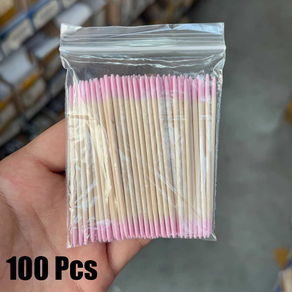400 Stück rosa Doppelkopf-Nagelkunst-Nagelhautschieber-Entferner, 7 cm, orangefarbene Holzstäbchen, Wattestäbchen, sauberes Werkzeug für Nagel-Strass-Make-up