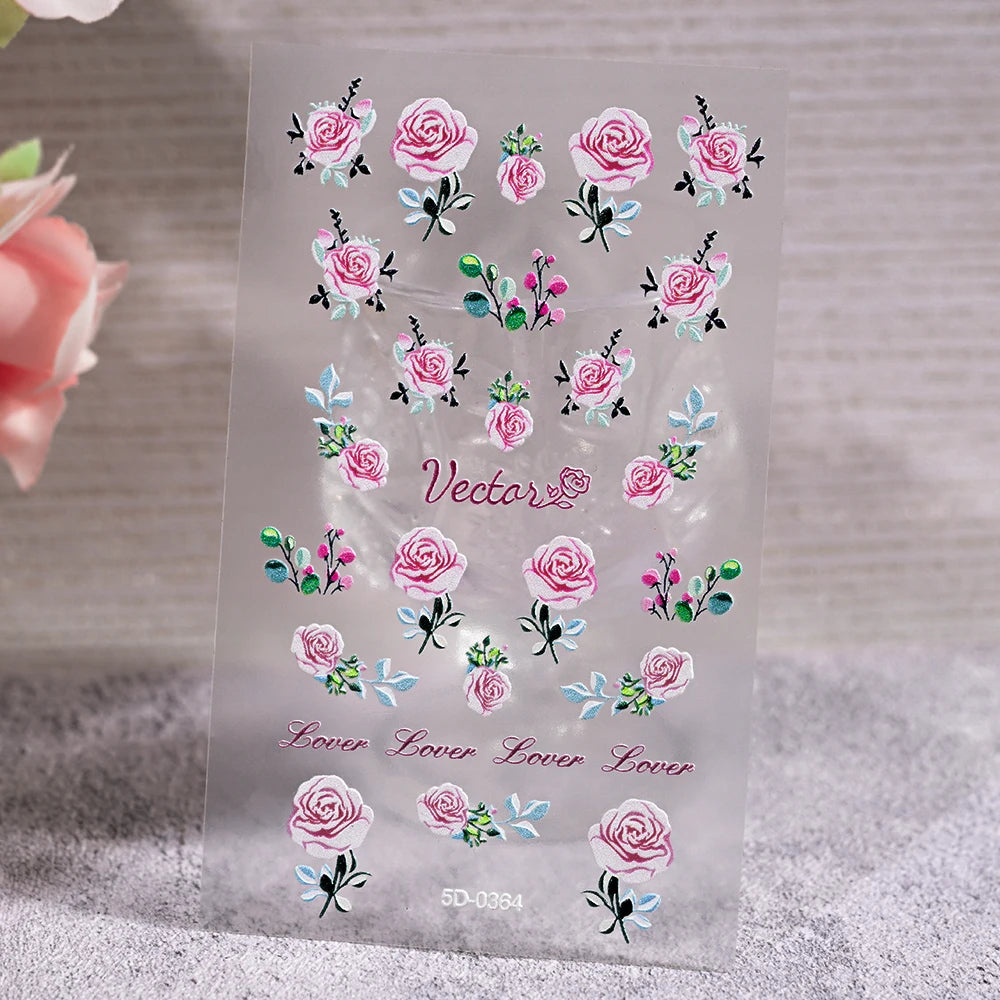 1 Stück 5D geprägte Lavendelblume Nagelaufkleber Frühling Blumenblätter selbstklebende Schieber Rose Schmetterling Aufkleber Maniküre Dekoration