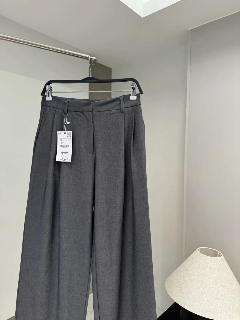 ETJ 2025 Frühjahrsneues Anzugset für Damen mit schultergepolstertem Zweireiher-Blazer und hoch taillierter, plissierter Hose mit weitem Bein