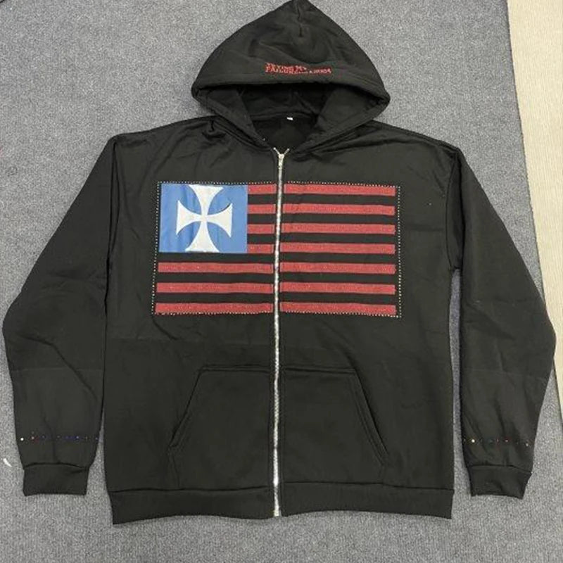 Y2K Europäische Amerikanische Mode Flagge Gedruckt Ästhetik Lange Sleeve Zipper Farbe Strass Top Lose Casual Design Frauen Hoodie