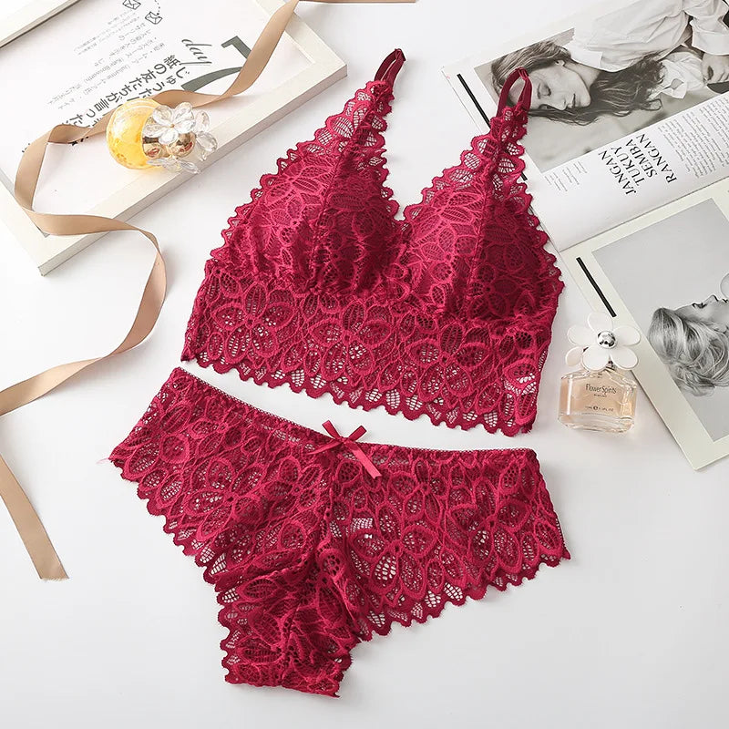 Frauen Spitze Bh Set Tiefem V Bh und Höschen Set Spitze Bralette Nahtlose Unterwäsche Stickerei Dessous Weibliche Sexy Dessous Set