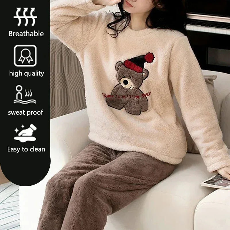 2-teiliges Set, verdicktes Langarm-Hosenset, Paar-Loungewear, Damen-Flanell, Cartoon-Bär, grau, zweiteiliges Set, Nachtwäsche, Homewear