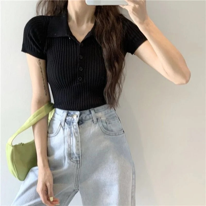 Neues Polo Damen T-Shirt Geripptes Strick-Oberteil Sexy Sommer Basic Shirts Figurbetontes Slim Casual Kurzarm-Top Damen-Oberteil Weiß Schwarz