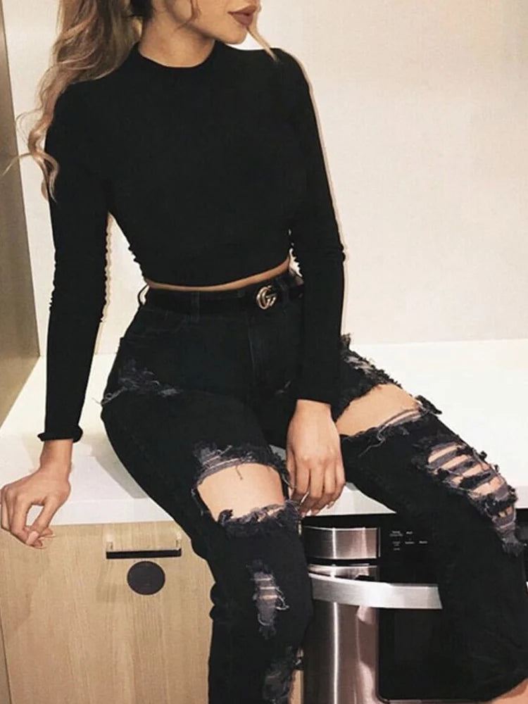 Langarm Crop Top Frauen Shirts Harajuku Koreanische Schwarz Burgund Sexy Kleidung Rollkragen Grundlegende Kurze T Shirt Femme