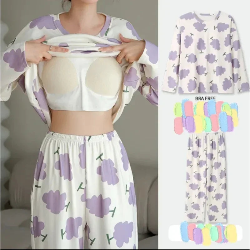 2 Teile/satz Frauen Große Größe mit Brust Pads Pyjamas Frühling Herbst und Winter Lange Ärmeln Headset Lose Homewear Kann draußen getragen werden