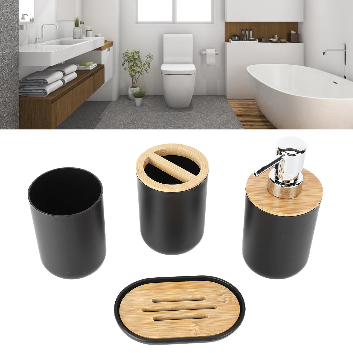 4 Teile/satz Badezimmer Zubehör Set Bambus Wasserdicht Spender Zahnbürste Halter Tablett Tumbler Tasse Seifenschale für Home Hotel