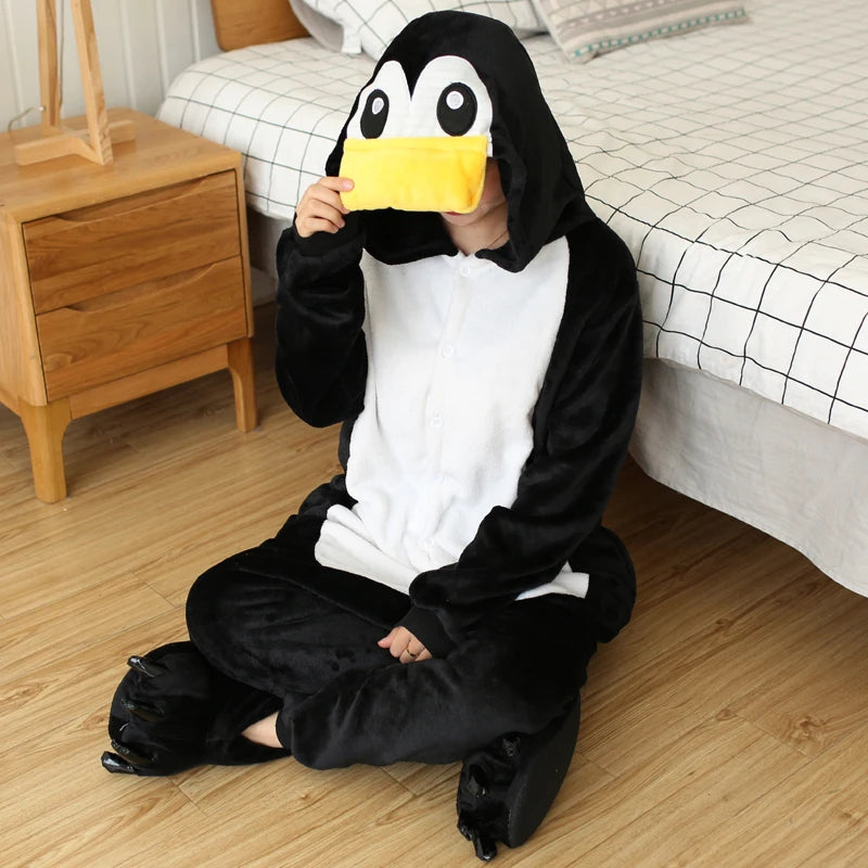 Frauen Cartoon Onesies Tier Pyjamas Kigurumi Schwarz Pinguin Onesie Für Erwachsene Langarm Pyjamas Halloween Cosplay Kostüme