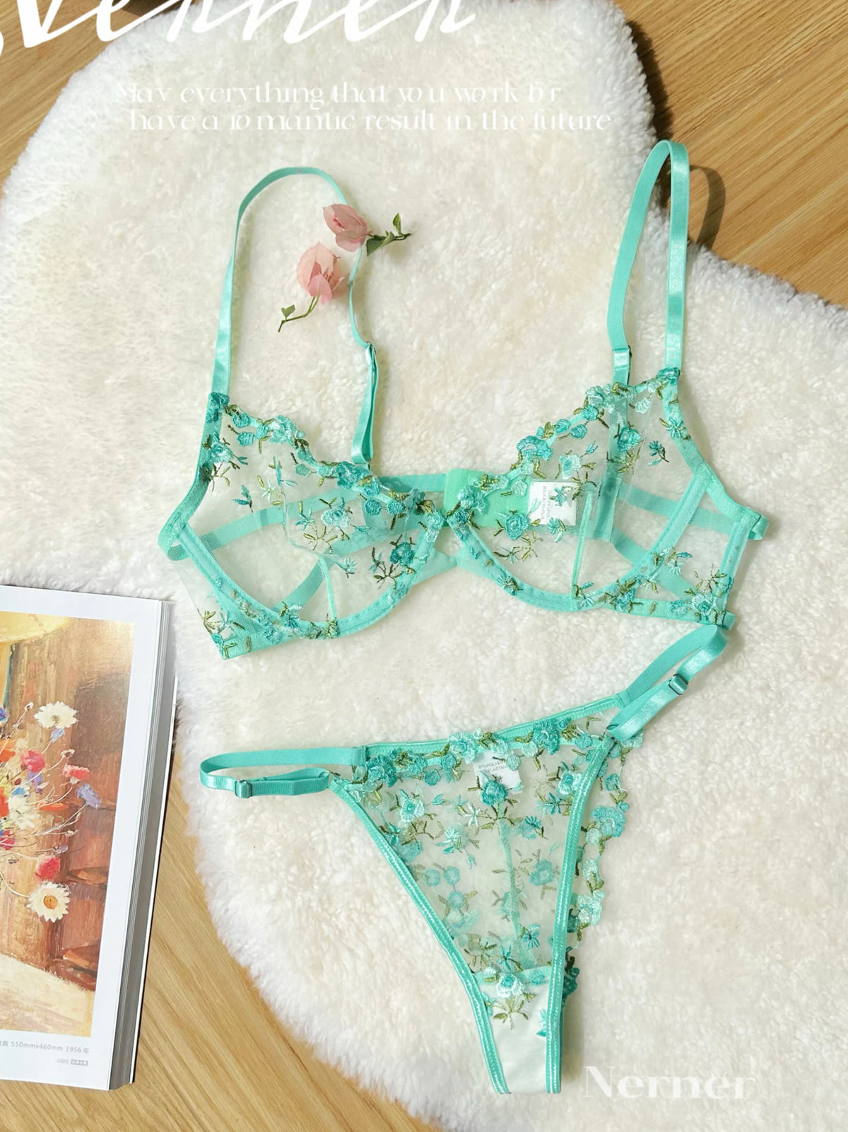 Kawaii japanisches Dessous-Set aus transparentem Tüll, rosa Blumenstickerei-BH, Bralette, reines passendes Set, BANERDANNI Tushy-BHs
