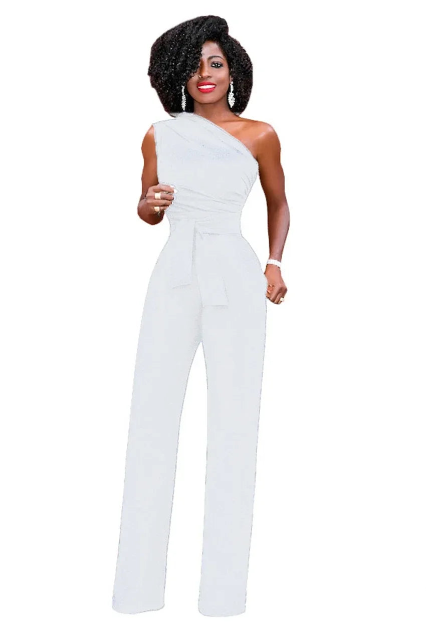 Damen-Overall, einfarbig, Skew-Kragen, bauchfreies Top, gerade Hosen, Gürtel, sexy, ärmellos, lockere Hosen, elegante, charmante Playsuits 2024