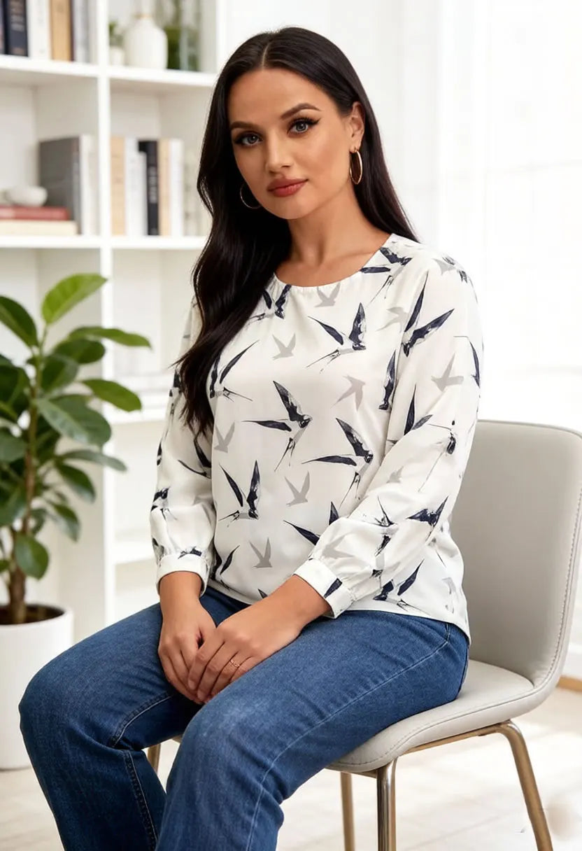 Damen-Bluse mit Vogelmuster, Chiffon-Oberteil, 3/4-Ärmel, Rundhalsausschnitt, lässiges, locker sitzendes Sommerhemd