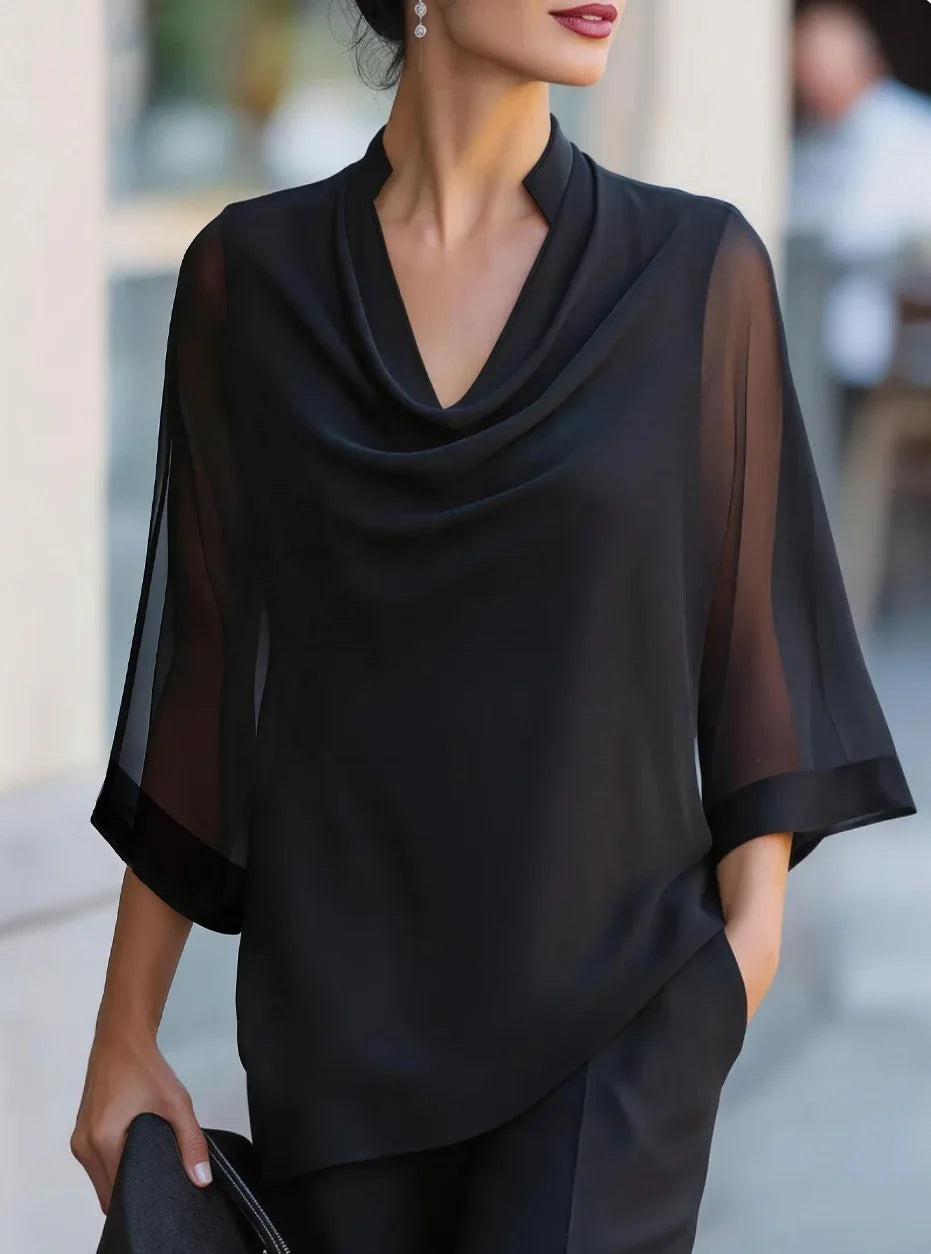 Dreiviertel-Ärmel Transparente Satin-Bluse Locker Geschnittener Asymmetrischer Saum Elegante Bürokleidung Damen Freizeithemd