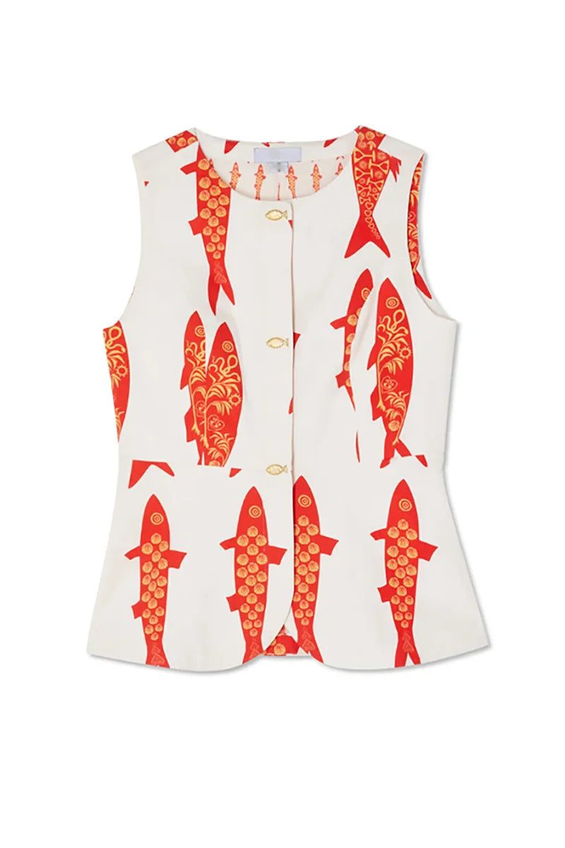 VEITCHE Cartoon Red Fish Print Lange Hosen Set Für Frauen 2025 Sommer Kurzarm Hemd Hohe Taille Breite Bein Hose 2 stück Sets