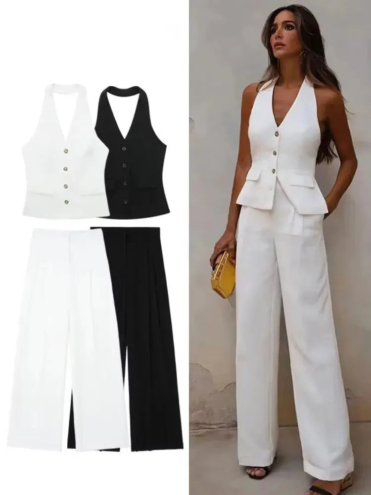 HH Hose-Sets für Damen, modisch, rückenfrei, Knopfleiste, Neckholder, bauchfreie Weste, Oberteil, gerade Hose, Hose, eleganter weißer Anzug, Streetwear