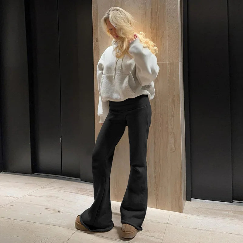 Lässige Damenhose, Elegante Einfarbige Basic-Schlaghose, Modische Damen-Hose mit Niedriger Taille, Schlanke Elastische Y2K Frühlings-Büro- und Ausgeh-Sweatpants