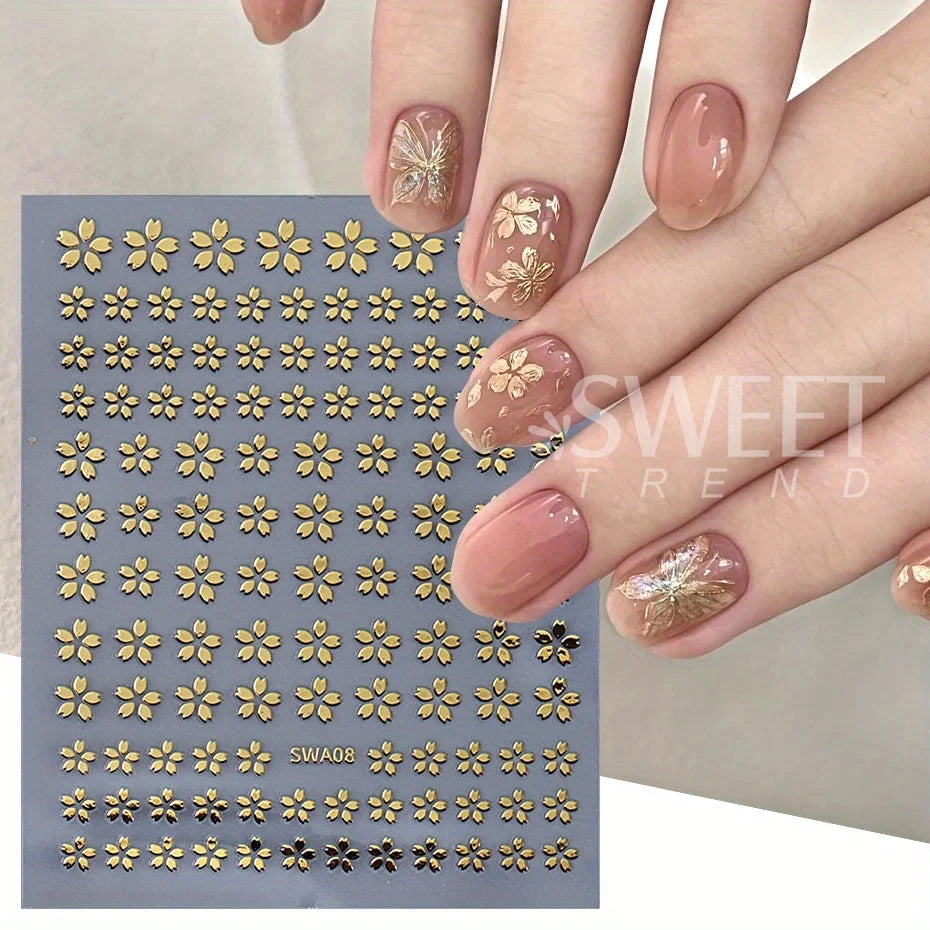 2/3 Stück holografische Sakura-Blumen-Nagelaufkleber, Kirschblütenblatt-Design, Silber, Gold, Blumenmuster, Sommer-Klebeaufkleber, Maniküre-Spitze