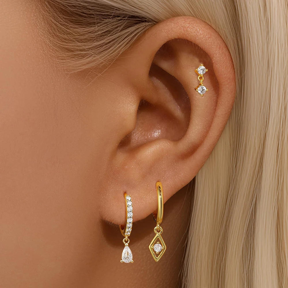 3PCS Neue Ankunft Französisch Design Edelstahl Kristall Mode Baumeln Ohrring Set Für Frauen Zirkon Anhänger Piercing Schmuck