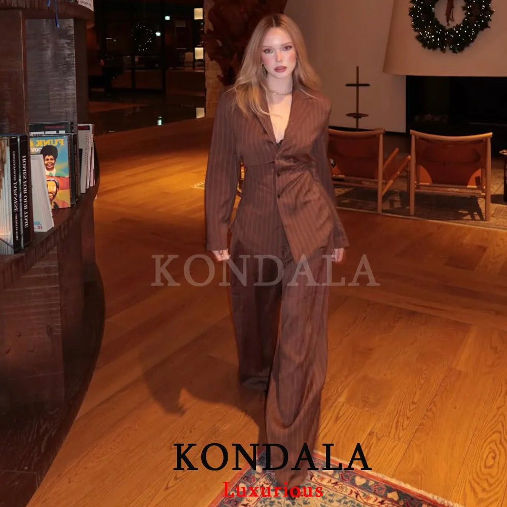 KONDALA Bürodame, schicke braune Anzüge, V-Ausschnitt, gestreift, lockerer Blazer, hohe Taille, weites Bein, Hosen, Mode, 2025, Herbst, lässige Damenanzüge